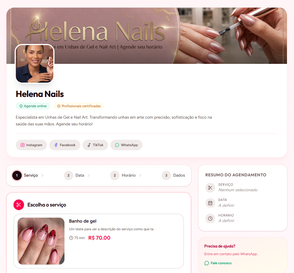 Página pública de agendamento personalizada do NailBook